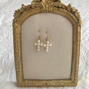 Gold Pearl Cross Earrings